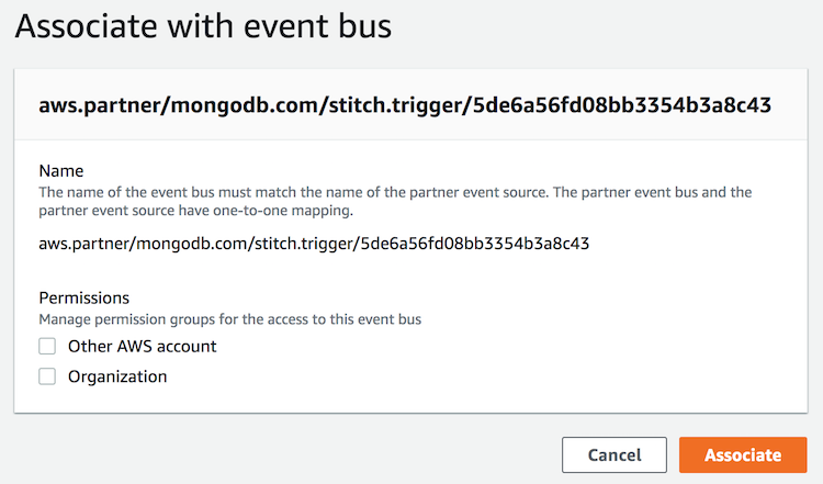 The screen to associate the MongoDB event source with an event bus in EventBridge