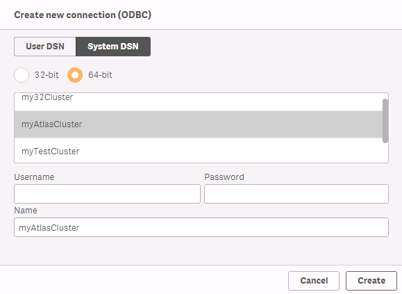 Screenshot of Qlik list of data sources