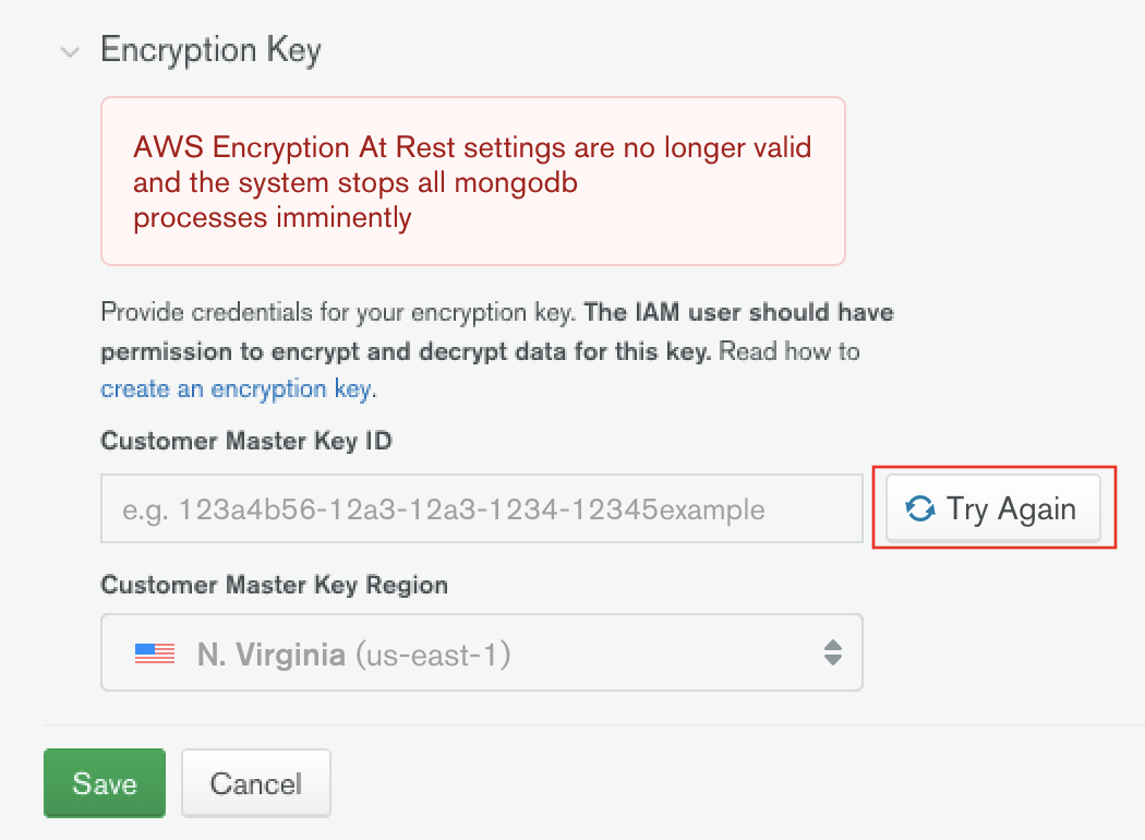 The Try Again button is to the right of the Customer Master Key ID field in Atlas Advanced Security settings