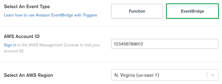 The EventBridge input boxes in the trigger configuration.