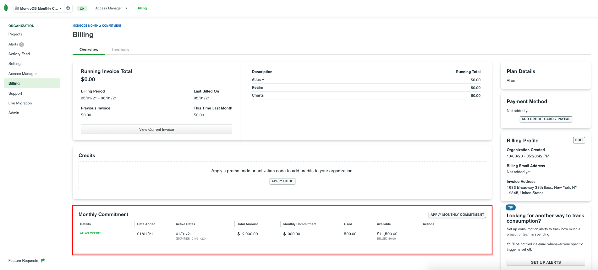 You can view your monthly commitment information at the bottom of your organization's Billing Overview.