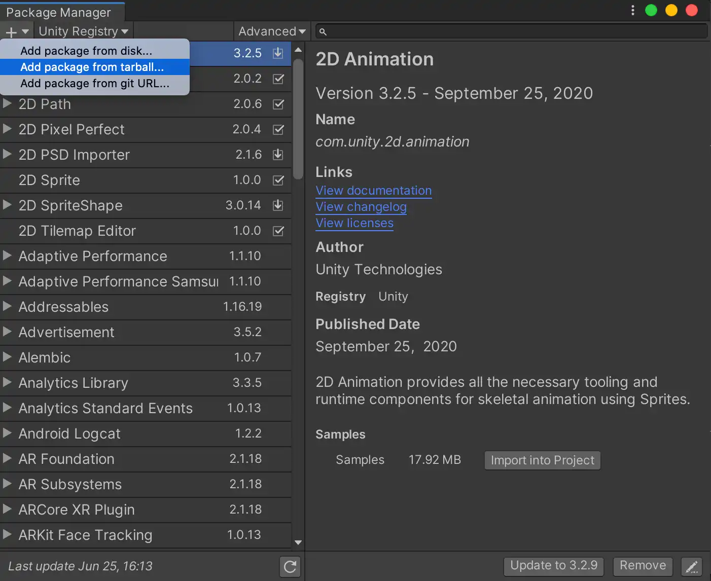 Add package from tarball Unity UI